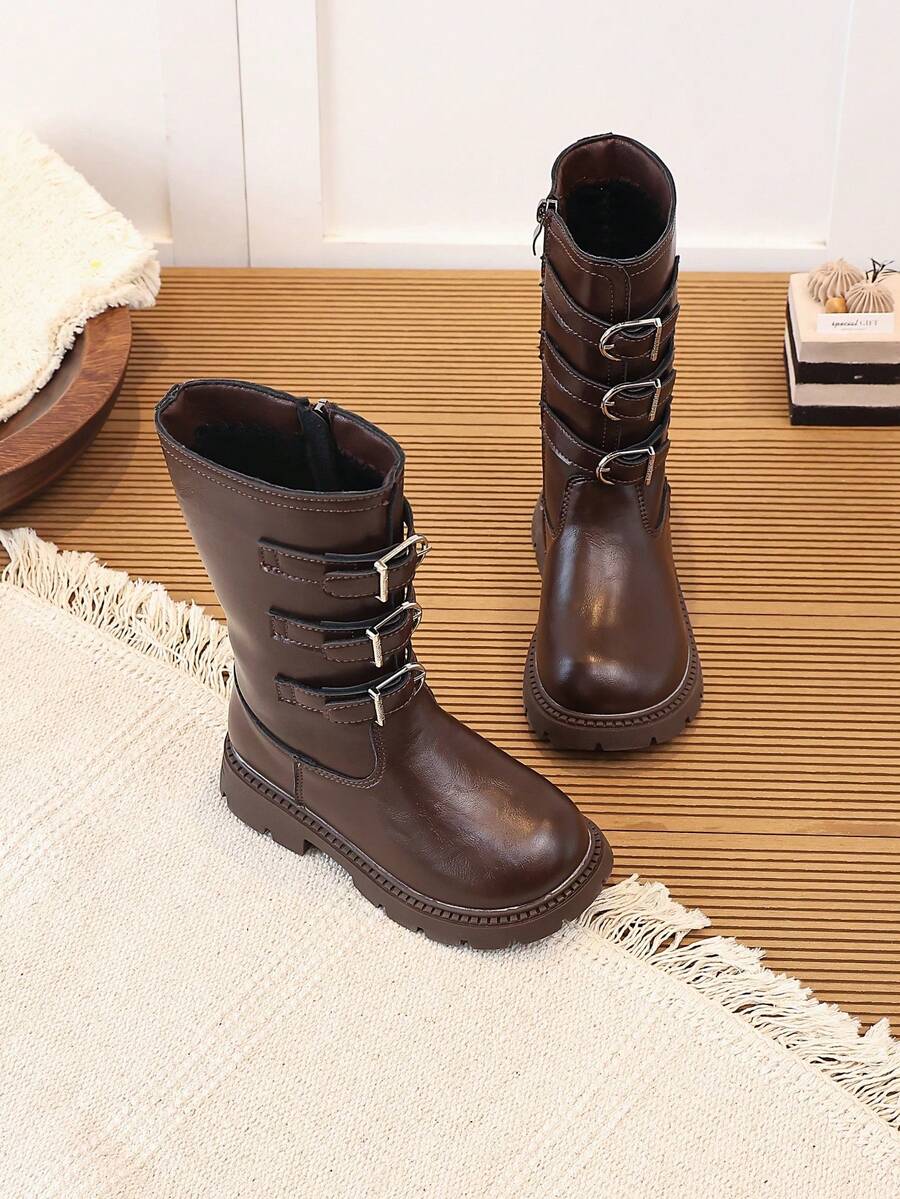 Girls' Brown Tall Riding Boots With Metal Buckle And Side Zipper, Warm Long Boots For Autumn/Winter - Brown - View 1