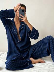 2pcs Classic Plaid Lapel Front-Opening Long Sleeve Pants Pajama Set, Simple Casual Women's Sleepwear - Navy Blue - View 3