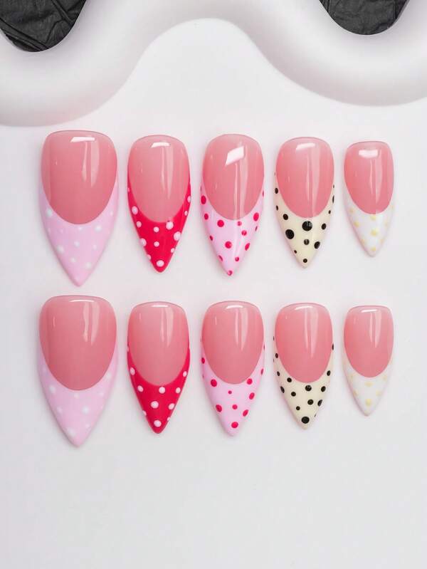 Kuku Palsu Stiletto Buatan Tangan Gaya Y2K Hot Girl, Warna Nude, Pink, Merah, Kuning, Putih, Macaron dengan Ujung French dan Desain Elemen Polka Dot, Kuku Palsu Buatan Tangan Murni, Cocok untuk Wanita dan Anak Perempuan, Ujung Kuku Berkilau, 10 Buah/3 Ukuran, Cocok untuk Pesta, Dansa, Pemakaian Sehari-hari, Termasuk Perlengkapan Alat, Dapat Diberikan Sebagai Hadiah untuk Wanita dan Anak Perempuan