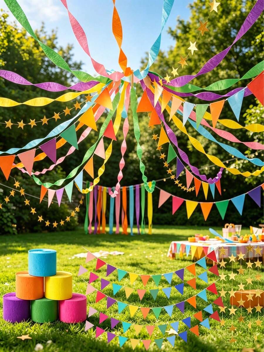 Rainbow Party Decoration Set, Includes Colorful Crepe Paper Banner, Gold Star Garland Backdrop And Flags, Suitable For Wedding Party, Luxury Birthday Party Hanging Decoration - Multicolor - View 1