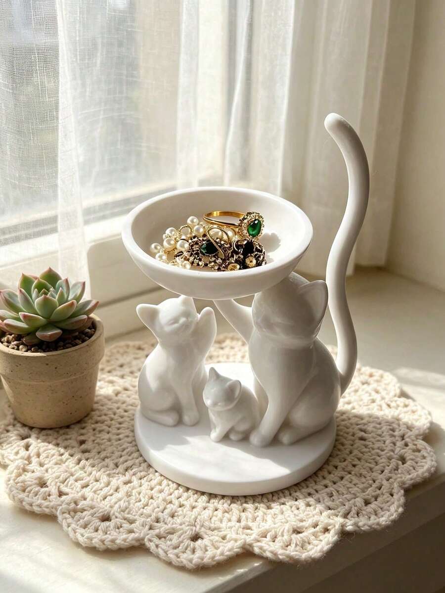 Cat Shaped Jewelry Tray Organizer, Living Room Desktop Organizer And Home Decor, Multi-Purpose Desktop Decoration, Suitable For Jewelry, Keys, Wireless Earphones, Storage, Suitable For Placing Small Items, Home Decor, Commemorative Gift, Birthday Gift - Multicolor - View 1