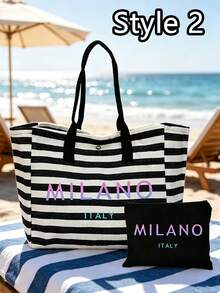 「Milan, Italy」漸層字母印花條紋托特包套組，附配套拉鍊化妝收納包，時尚都市街頭風單肩包，復古條紋手提包，大容量日常通勤學習旅行肩背包，便攜可重複使用購物袋，個性化禮品包，適合旅行、海灘度假、辦公工作與日常通勤，送給女性、家人、老師、朋友、閨蜜與學生的完美禮物，開學季、情人節、教師節、萬聖節、復活節、聖誕節禮物 - 彩色 - 查看 7