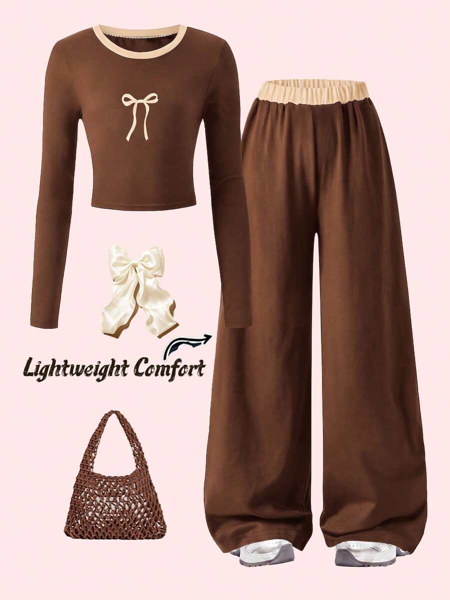 Y2K Spring And Autumn Girls' Lightweight Long Sleeve T-Shirt Two Pieces Set With Bow Pattern Soft And Breathable Casual Sportswear For Daily Wear - Brown - View 1