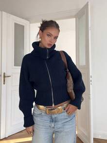 Minimalist New Women's Ribbed Knit High Neck Double Zipper Cardigan Long Sleeve Short Loose Knit Jacket, Casual Daily Street Style Fall - Royal Blue - View 7