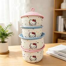 SANRIO 1pc Cartoon Embroidered Cotton Rope Woven Storage Basket With Lid, Pink Top Cover, Polka Dot & Heart Design, Desktop Organizer Box For Dolls, Snacks And Sundries, Girly Bedroom Home Decor Storage Organizer - One Size - View 9