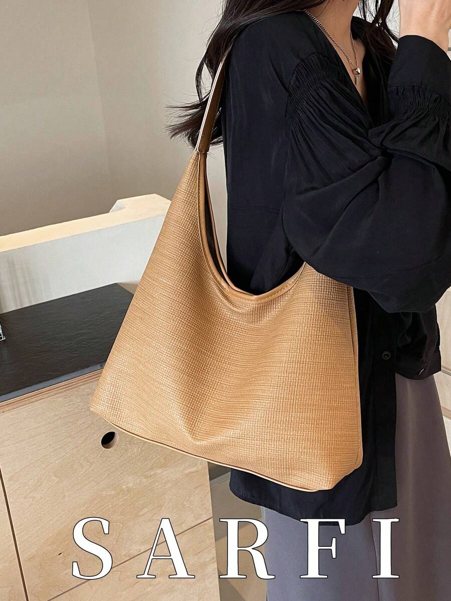 極簡風個性化 PU 布料女款單肩包，時尚百搭卡其色大容量收納托特包/通勤包