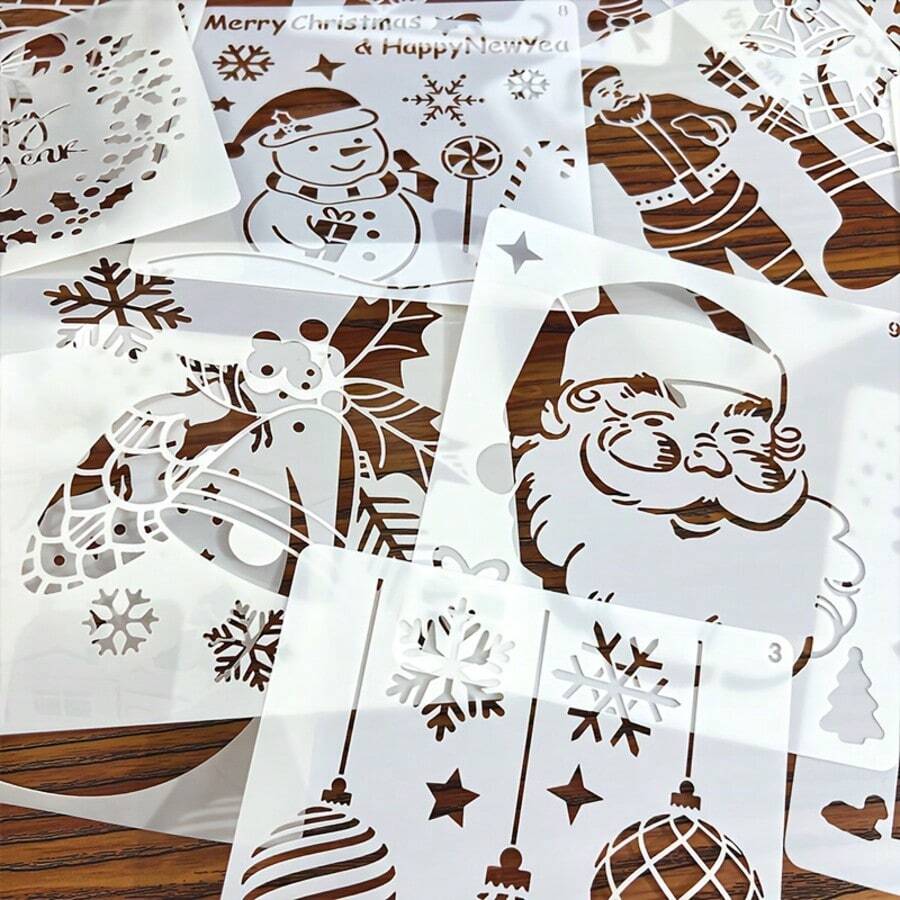[Christmas Stencil Set]12pcs Christmas Stencil Set, For Handmade Crafts, Reusable Wooden Templates, Suitable For Painting, Wall Art, Graffiti, Holiday Creative Decoration, Plastic Stencils, Suitable For Holiday Handmade Crafts