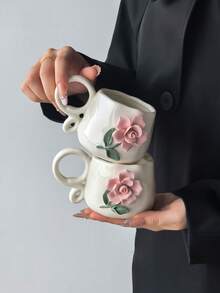 1pc Handmade Ceramic Mug With 3D Embossed Floral Design, Ins Style Creative Artistic Coffee Cup For Afternoon Tea And Coffee Brewing, Dishwasher - Multicolor - View 2