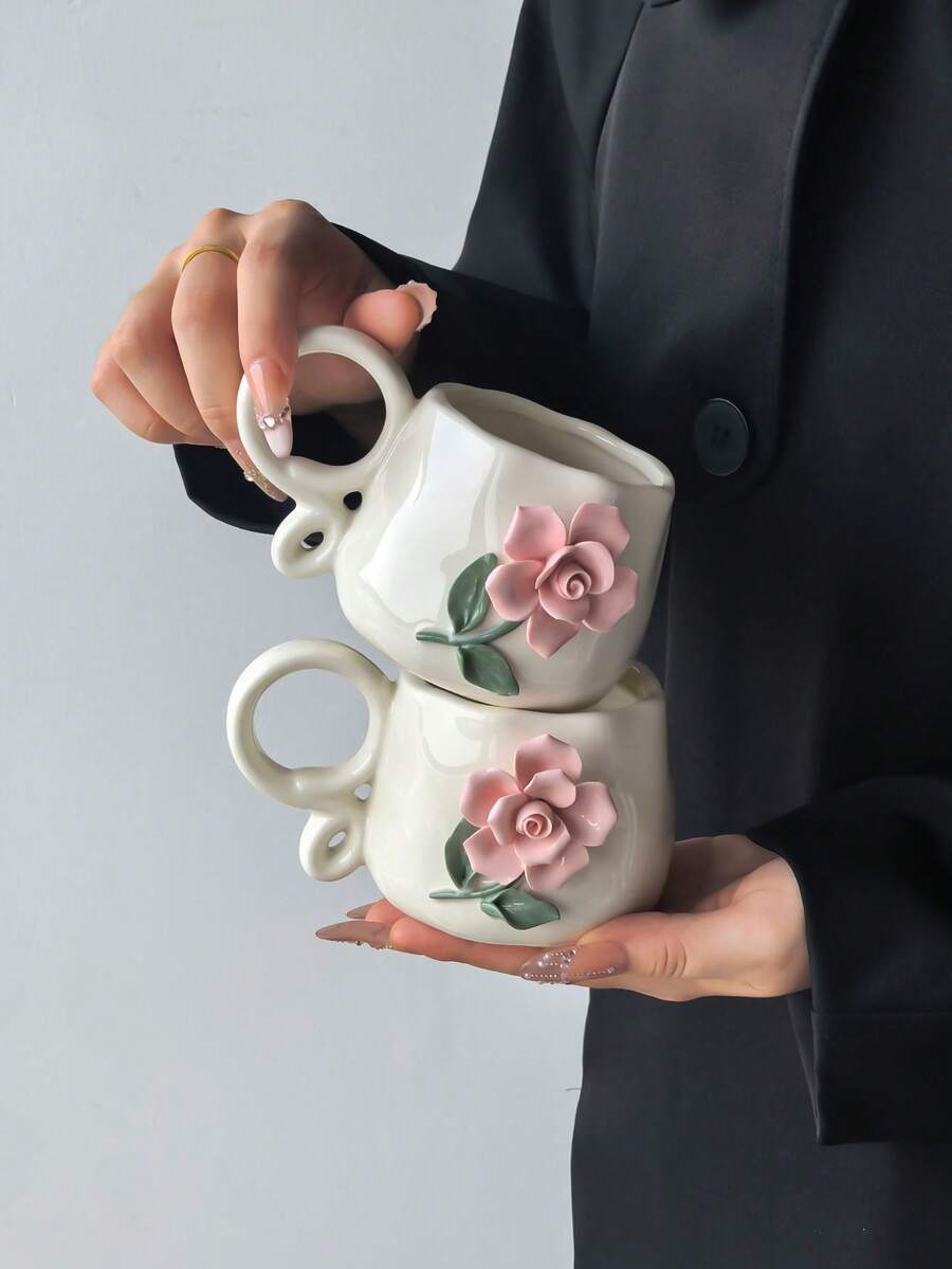1pc Handmade Ceramic Mug With 3D Embossed Floral Design, Ins Style Creative Artistic Coffee Cup For Afternoon Tea And Coffee Brewing, Dishwasher