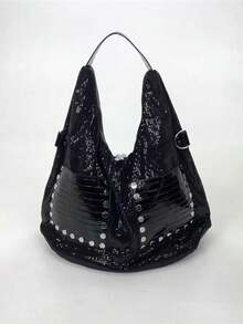 Nicekee Sparkling Rivet Splicing Shoulder Bag, Personalized And For Female Commuting, Suitable For Daily Shopping And Short Distance Travel - Black - View 8