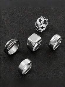 5Pcs Men Stainless Steel Ring Set Vintage Celtic Spinner Ring Hollow Chain & Plain Band Rings Punk Minimalist Finger Jewelry Gift For Male Daily Wear - Silver - View 5