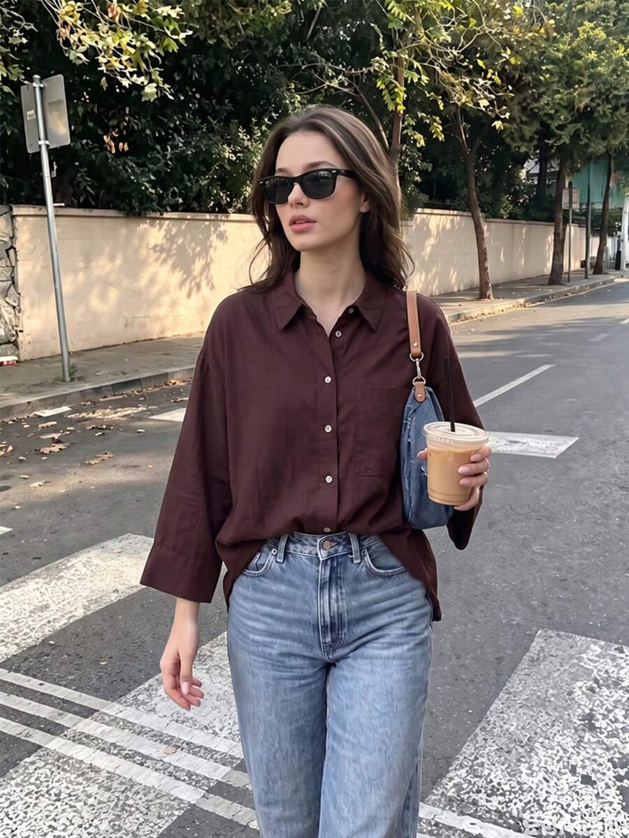 Women's Elegant Loose Solid Color Blouse, Fashionable Vacation High Street Shirt, Spring/Summer Blouse Brown - Brown - View 1