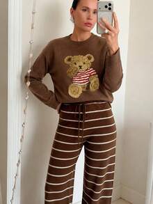 Plus Size Women's Autumn/Winter Fashion Casual 3D Bear Pattern Crew Neck Long Sleeve Pullover Sweater, Brunch Sweater - Khaki - View 1