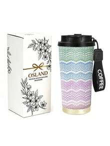 1pc/5pcs 500ml Rainbow Knit Texture Travel Mug, Double-Wall Stainless Steel Insulated Cup, Colorful Knit Striped Pattern Print Design, Portable Coffee Cup With Lanyard, Suitable For Daily Commute - White - Colorful Letters - View 9