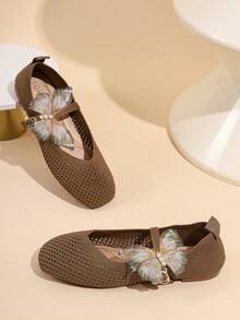 Summer Breathable Mesh Mary Jane Shoes, Vintage Tulle Butterfly Decor, Single Strap Buckle, Soft Sole, Low Vamp, Fairy Style Flat Shoes - Coffee Brown - View 3