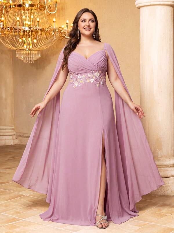 SUPGIR Plus Size V-Neck Waist Embroidered Decor Pleated Front Extra Long Flowy Sleeve Chiffon Evening Gown