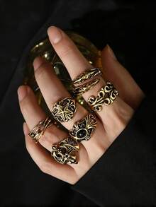 European & American Dark Skull Ring Set, Men's Hip-Hop Niche Punk Exaggerated Pentagram Finger Rings, Men's Hand Jewelry - Skull Pentagram Ring - View 2