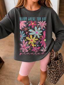 1pc Tween Girl Casual Printed Long Sleeve T-Shirt, Fashionable, Warm And Comfortable Fit, For Young Students, Spring/Autumn - Dark Grey - View 1