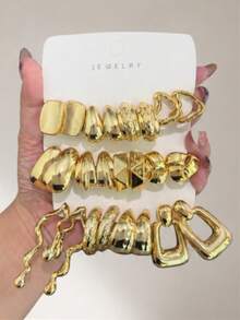 Set Anting Emas Metalik 24/8pcs Elegan dengan Motif Bunga dan Geometris, Bentuk Hati & Poligon, Cocok untuk Pemakaian Sehari-hari, Hadiah Kejutan - Yellow Gold - View 1