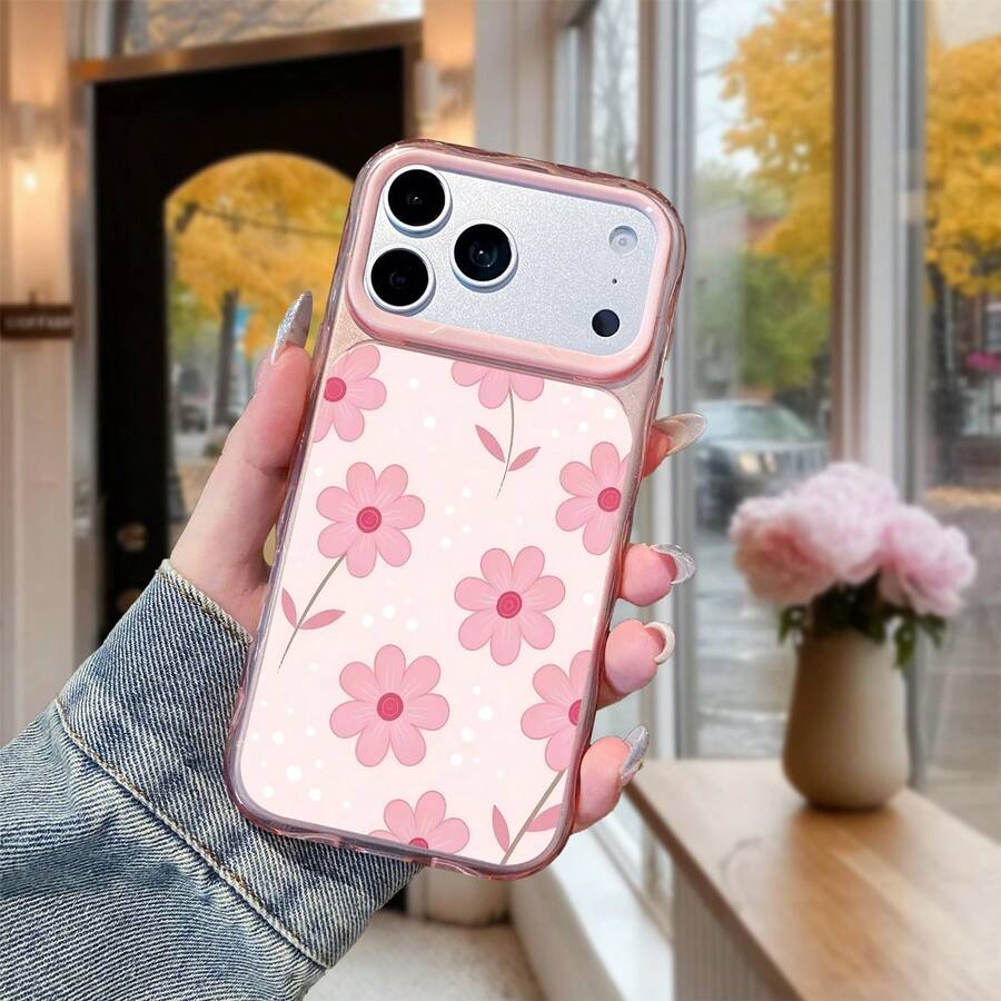 1 Stück modische minimalistische rosa Blumenmuster Kontrastfarbe Innenwelle 2-in-1 Acrylmaterial stoßfeste Handyhülle, Hautgefühl, galvanisierter Objektivrahmen, transparente Handy-Schutzhülle, geeignet für iPhone17promax/iPhone16 15 14 13 12 11/kompatibel mit Samsung S26ULTRA/S25ULTRA/S24ULTRA/ A58/A60/A78/ C53/C85/C71/C75/Honor Serie. - Pink - Übersicht 1