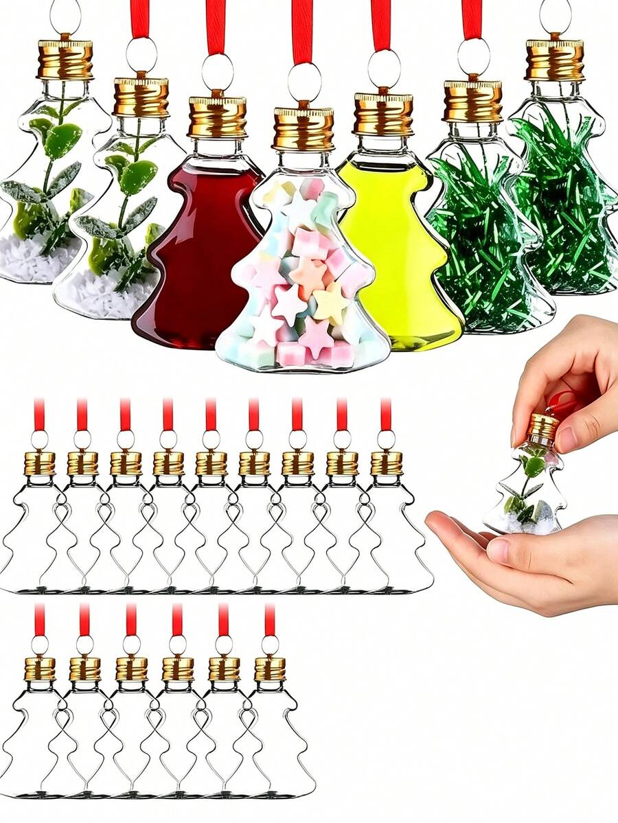 可填充聖誕樹造型裝飾品－透明塑膠瓶吊飾，附吊掛掛飾，可填充DIY色彩，適用於聖誕樹、節日派對裝飾，非電子式