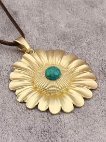 1pc Western Cowboy Style 3D Flower Turquoise Pendant Necklace, Braided Wax Rope Long Necklace Accessory, Christmas Halloween Holiday Gift Neck Jewelry, Gift For Girlfriend Mother Best Friend - Wax Rope - View 5