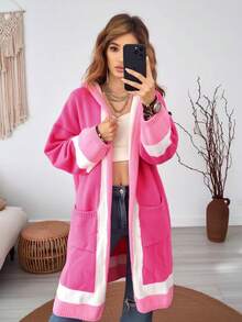 Elegant European & American College Style Plus Size Women's Knit Hooded Cardigan, Buttonless Open Front Pink Fall - Pink - View 5