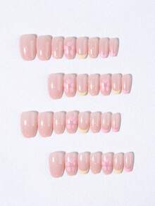 24片短橢圓花卉波點壓克力美甲片，法式風格，完美貼合，套裝包含：1片果凍膠和1片美甲锉，短甲適合派對、跳舞與日常使用 - 彩色 - 查看 2