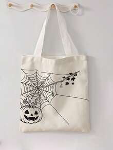 1pc Halloween Spider Web Print Canvas Tote Bag, Large Capacity Hand‑Held Shoulder Bag, Reusable Shopping Bag For Halloween Party Daily Commute - Beige - View 7