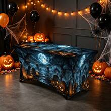 1pc Halloween Pattern Printed High Elasticity Tablecloth With Elastic Edge - Stretch Fit, Washable And Reusable Table Cover Suitable For Dining Table, Buffet Table, Dessert Table, Banquet, Holiday Party Decoration, Halloween, Birthday, Wedding - Suitable For Kitchen Use - Multicolor - View 6