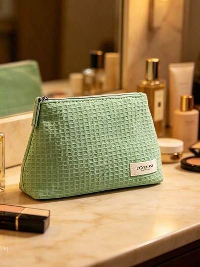 L'Occitane Mint Green Waffle Fabric Zipper Cosmetic Bag Large Capacity Skincare Storage Pouch Travel Wash Bag Makeup Handbag Gentle Style Portable Beauty Organizer Gift For Girlfriend Birthday LOCCITANE-GIFT-8