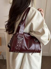 1pc Rivet Multifunctional Black Bag, Vintage Motorcycle Style Rivet Decor PU Leather Shoulder Bag, Punk Rock Style Underarm Bag, Suitable For Commuting, Dating, Party And Music Festival - Burgundy - View 6