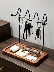 1pc Wooden Key Storage Tray With 4 Hooks, Entryway Desk Key Car Key Coin Card Organizer, Multi-Functional Wooden Storage Tray, Suitable For Hallway Bedroom Bathroom Office Decor Storage Rack - Multicolor - View 11