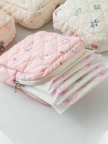 Cartoon Floral Print Square Storage Bag, Women's Portable Sanitary Napkin Storage Pouch, Student Privacy Period Storage Bag, Quilted Small Item Organizer, Suitable For School, Business Trip, Travel, Compact And Portable, Autumn/Winter Essential,Travel Essential - Multicolor - View 3