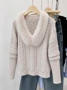 Women's Cozy Cable Knit Pullover Sweater With Faux Fur Collar, Long Sleeve Regular Fit For Winter & Fall Fashion - Apricot - View 4