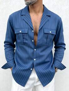 GOLDRED American Vintage Old Money Style Blue Striped Cuban Collar Shirt Men's Double Pocket Workwear Commute Casual Thin Long Sleeve Shirt - Blue - View 2
