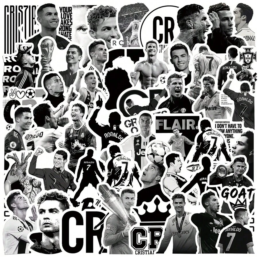FIFA 50張 C羅 Cristiano Ronaldo 足球貼紙,黑白照片,7號球衣,賽場動作與肖像圖案,適合球迷 - 彩色 - 查看 1