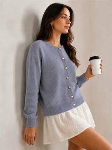 Wixra Women's Vintage Argyle Plaid Knit Vest, V Neck Button Front Sleeveless Sweater Waistcoat - Grey - View 3
