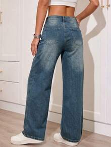 Women's Casual Washed Straight Leg Jeans - Medium Wash - View 10