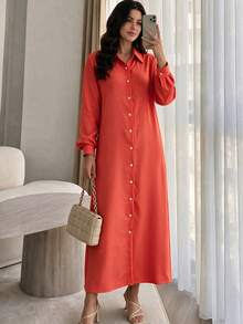 Gaun Kemeja Wanita Berwarna Oranye dengan Tekstur, Kerah, Kancing Depan, Lengan Panjang, Saku Samping, Gaun Kemeja Panjang Longgar untuk Musim Gugur - Burnt Orange - View 1