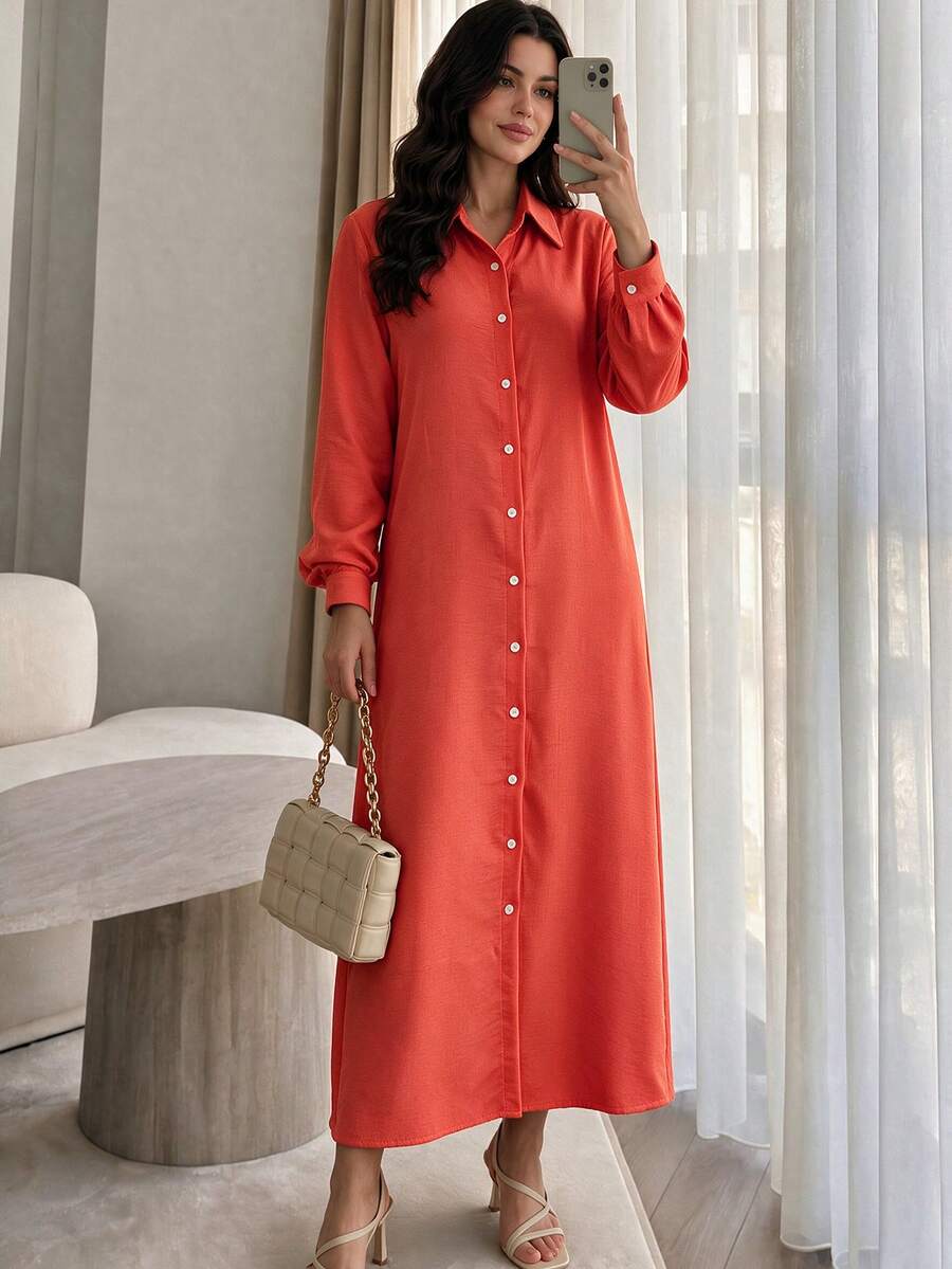 Gaun Kemeja Wanita Berwarna Oranye dengan Tekstur, Kerah, Kancing Depan, Lengan Panjang, Saku Samping, Gaun Kemeja Panjang Longgar untuk Musim Gugur - Burnt Orange - View 1
