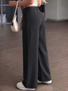 Women's Black Polyester Pinstripe Wide Leg Pants, Zipper And Button Closure, Long Non-Stretch Formal Trousers - Multicolor - View 4