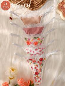 SQPVEH 5pcs/Pack Multi-Color Floral Print & Solid Color Lace Patchwork Sexy Seamless Women's Thongs - Multicolor - View 5
