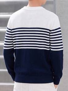 1pc Boys Teen Casual Vintage Striped Colorblock Long Sleeve Knit Sweater, Autumn/Winter - Blue - View 2