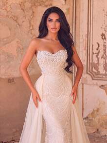 Faeriesty Elegant Beaded & Sequin Embroidered Evening Gown, Heart-Shaped Neckline, Sheer Mesh Trailing Design, Graceful Train Fall Wedding - Apricot - View 4