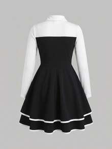 Tween Girls' Summer Patchwork Lapel Dress With Bow Decor, Cinched Waist A-Line Princess Style - Black - View 4