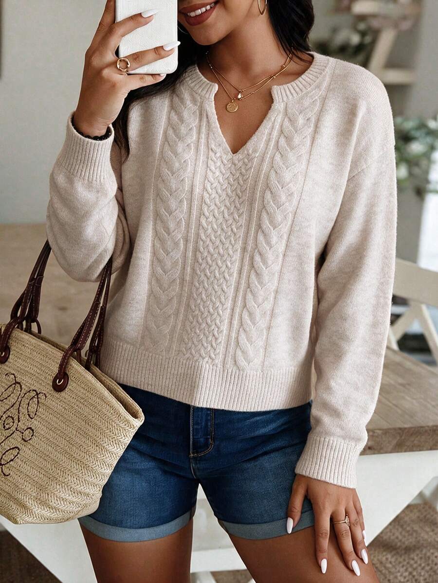 Sweater Rajut Kabel Warna Oatmeal Wanita, Leher V Setengah Terbuka, Pullover Lengan Panjang Longgar Bahu Jatuh Lembut Mirip Wol, Atasan Kasual Sehari-hari untuk Musim Gugur dan Musim Dingin - Aprikot - View 1