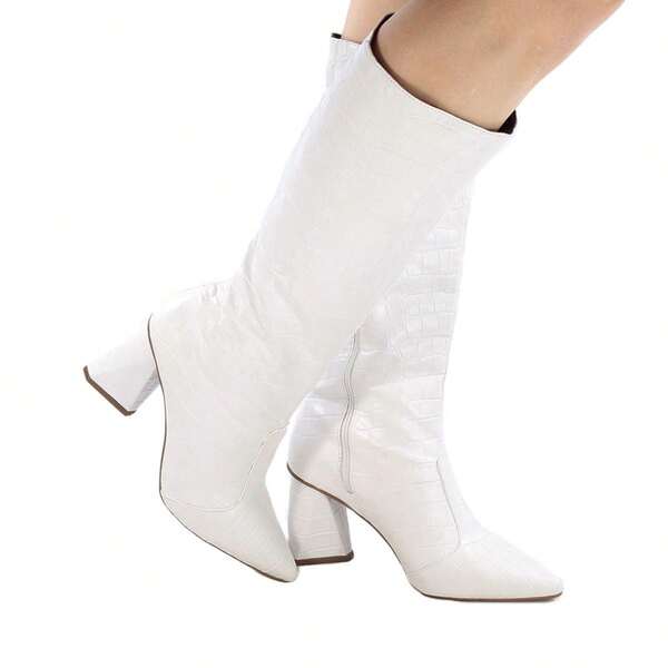 Bota Feminina Cano Longo Branco Croco Salto Alto Quadrado Festa Premium Luxo Branca Tendencia Festa