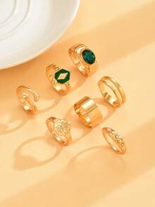 7pcs Set Luxury Sparkling Green Rhinestone Geometric Hoop Design Stackable Versatile Women's Jewelry - Golden D - View 4