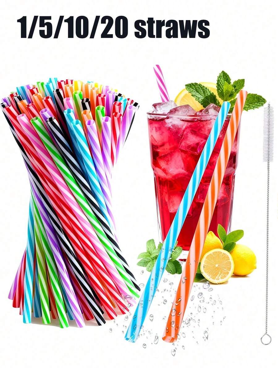 20pcs Colorful Plastic Straws With Cleaning Brush, Reusable Hard Straws For Milk Tea, Juice, Coffee And Cocktails, Suitable For Stores, Restaurants, Cafes And Home Parties - Multicolor - View 1